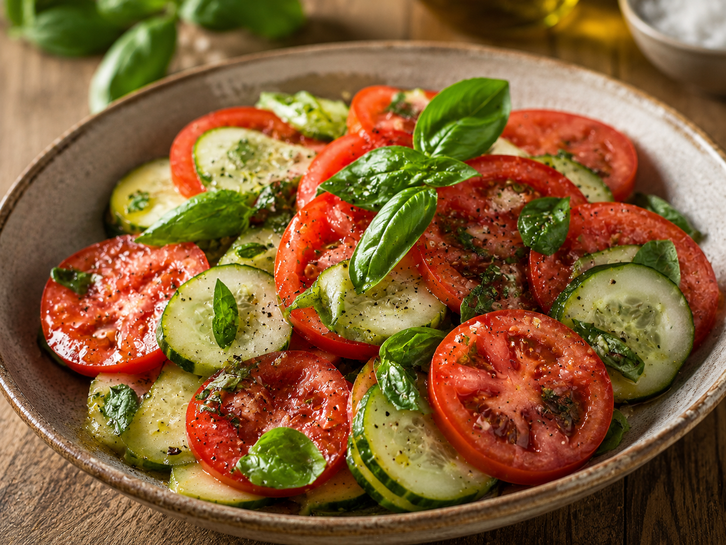Salade de tomates, concombre & basilic